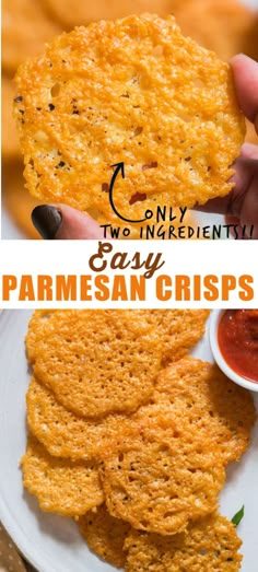 two images showing different types of parmesan crispes on a plate with dipping sauce