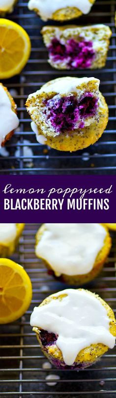 lemon poppy seed blackberry muffins with white icing