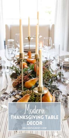 modern thanksgiving table decor with candles and fruit