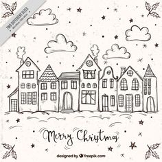 a christmas card with houses and stars in the sky, on a white background illustration