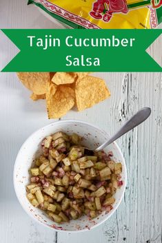 a white bowl filled with salsa and chips next to a box of tortilla cucumber salsa