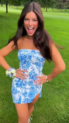 Revolve Dress Aesthetic, Cute Preppy Homecoming Dresses, Thick Strap Homecoming Dresses, Hi I Dresses, Blue Floral Hoco Dress, Hoco Dresses For Brunettes, Beachy Hoco Dress, Baseball Homecoming Proposal, Hoco Dresses Light Blue