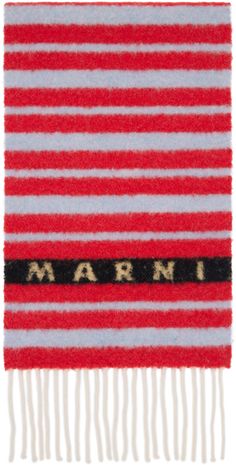 Rectangular brushed knit alpaca- and wool-blend scarf in red and blue. Stripes throughout. · Jacquard logo at face · Fringed detailing at ends · L71' x W11.5 Supplier color: Tulip Alpaca Scarf, Altering Clothes, Knit Alpaca, Striped Scarves, Patterned Scarves, Red Scarves, Scarf Pattern, Striped Knit, Knit Scarf