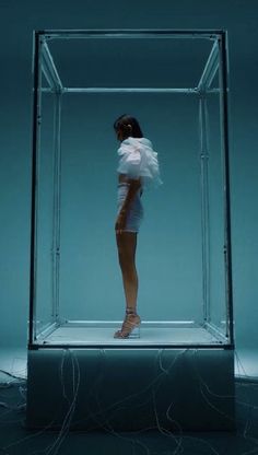 a woman standing in front of a glass box