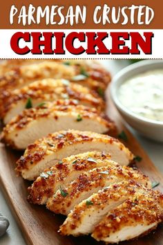 grilled parmesan crusted chicken on a cutting board with ranch dip in the background