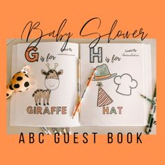 two children's books with the title baby shower and giraffe hat