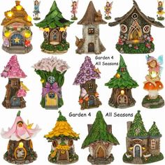 a collection of garden gnomes and houses with lights on the front, in different styles