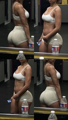 the woman is showing off her toned body and posing with a water bottle in front of her