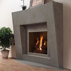 a fire place sitting on top of a wooden floor next to a potted plant