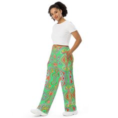 Lounge Pants, Trippy Retro Orange and Lime Green Abstract Pattern Trippy Retro, Unisex Pajamas, Wide Leg Lounge Pants, Green Abstract, Yellow Accents, Red And Yellow, Lounge Pants, Aqua Blue, Abstract Pattern