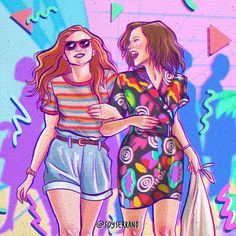 two young women walking down the street in front of a colorful wall with confetti on it