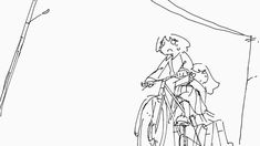 a black and white drawing of a person riding a bike