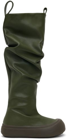 Knee-high buffed faux-leather boots in green. · Gathering throughout · Rubber cap toe · Pull-loops at collar · Logo embossed at heel tab · Padded footbed · Logo embossed at midsole · Treaded rubber platform sole · Platform: H1.75 Supplier color: Forest vegan leather Fisherman Boots, Summer Boots, Faux Leather Boots, Mid Calf, Black Boots, Leather Boots, Knee High, Apparel Accessories, Vegan Leather