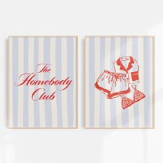 two posters with the words, the homeboy club and boxer shorts on striped background