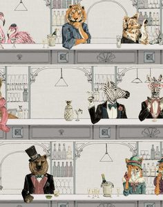 the wallpaper is decorated with animals and people in fancy outfits, including zebras