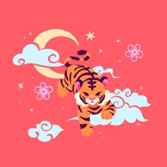 a tiger is flying through the air with clouds and stars on it's back