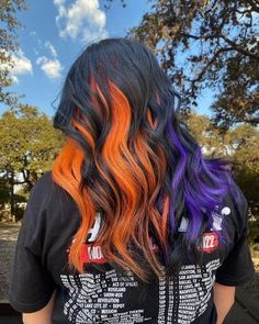 Purple And Orange Peekaboo Hair, Purple And Orange Highlights Brown Hair, Halloween Vivid Hair Color, Multi Color Fall Hair, Vibrant Hair Color Peekaboo, Colored Fall Hair, Halloween Peekaboo Hair, Black Purple And Orange Hair, Fall Halloween Hair Color