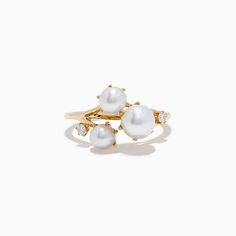 Effy Pearl 14K Yellow Gold Diamond and Pearl Cluster Ring 14k Gold Pearl Ring Fine Jewelry, 14k Gold Pearl Ring With 17 Jewels, White 14k Gold Cluster Jewelry, Classic 14k Gold Cluster Jewelry, White 14k Gold Cluster Ring, Hallmarked 14k Gold Pearl Ring, Elegant 14k Stamped Cluster Jewelry, 14k Gold Pearl Ring, Timeless 14k Gold Cluster Jewelry