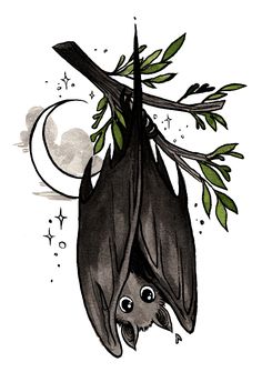 a bat hanging upside down on a branch with leaves and moon in the sky behind it