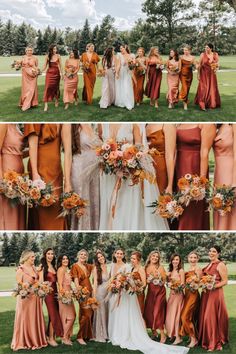 the bridesmaids are all dressed in different colors