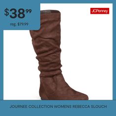 Add timeless pieces to your style this year in flat boots by Journee Collection. These stylish winter boots feature premium faux suede uppers that rise mid-calf and highlight subtle top-stitching. An easy pull-on style completes the design.Features: ComfortShoe Heel Height: FlatUpper/Outer Base Material: 100% PolyuretheneSole Material Content: 100% Thermoplastic-RubberToe Type: Round Toe, Closed ToeHeel Style: Flat HeelCountry of Origin: Imported Stylish Winter Boots, Slouch Boots, Slouched Boots, Boots Brown, Journee Collection, Flat Boots, Top Stitching, Brown Boots, Winter Boots