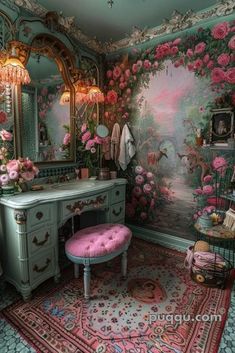 an ornate bathroom decorated in pink and green with roses on the wall, mirror, vanity and chandelier