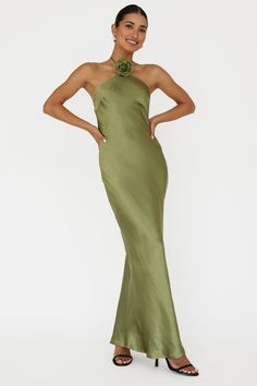 High Roller Flower Decoration Halter Dress Olive by Selfie Leslie High Neck Green Dress, Bridesmaid Dresses Big Bust, Olive Green Halter Dress, Bridemaids Dresses Olive Green, Reformation Green Dress, Olive Green Dress Outfit Wedding, Olive Satin Dress, Bridget Wedding, Moss Green Dress