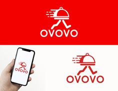 a hand holding a cell phone next to a red and white sign that says ovo