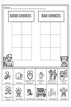 the worksheet for good choices and bad choices is shown in black and white