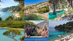 several different pictures of the beach and water in italy, including trees, rocks, boats, and people on the shore