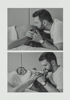 two photos of a man holding a baby in his lap and feeding it to another man's hand