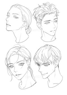 four different angles of the head of a man and woman, each with their own hair style