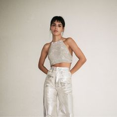 Halterneck Top With Tied Detail. Silver Outfits, Metallic Jeans, Metal Clothing, Halter Neck Top, Disco Party, Straight Leg Denim, Pantalon Cargo, Zara Jeans, Spring Trends