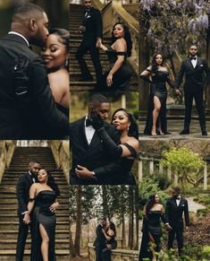 a couple dressed up in black posing for pictures on stairs and steps with their arms around each other