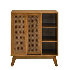 the sideboard is made out of wood and has wicker panels on it's sides