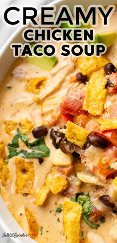 creamy chicken taco soup in a white bowl