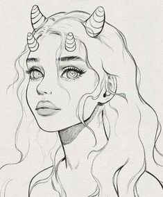 a drawing of a girl with horns on her head