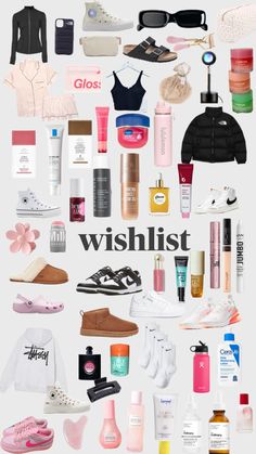 the words wishlist are surrounded by many different types of shoes and clothing, all in white