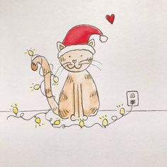 a drawing of a cat wearing a santa hat and holding a string of christmas lights