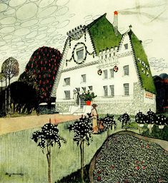 a drawing of a house with trees and flowers in the foreground, surrounded by bushes