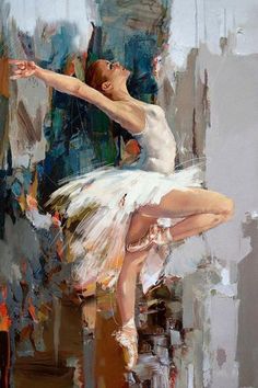 a painting of a ballerina in white tutu with her arms stretched out and feet spread wide