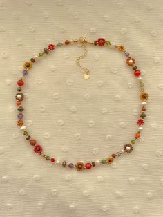 Clementine Necklace Delicate Autumn Flower Necklace Dainty Seed Bead Choker - Etsy Colorful Seed Bead Necklace, Gemstone Beads Necklace, 2mm Bead Bracelet Ideas, Colorful Beaded Choker, Making Beaded Necklaces, Fall Beaded Necklaces, Gold Beaded Jewelry, Autumn Beaded Jewelry, How To Make Beaded Necklaces