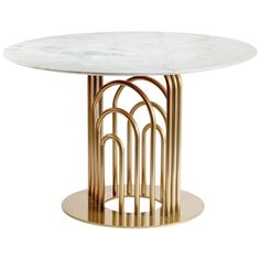 a white marble table with gold metal legs and a circular base, on a white background