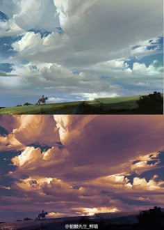 two pictures of the same sky with clouds and horses on it, one is in the distance