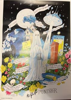 a drawing of a ghost in the middle of a field with flowers and signs on it