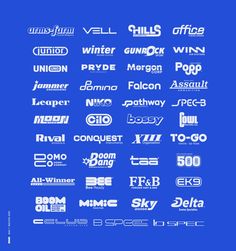 an image of many different types of logos on a blue background with the words, names and