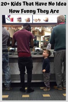 a kid standing in front of a counter at a fast food restaurant with the caption when a kid tells a grown man his pants are falling down