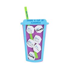 there is a cup with writing on it and a green straw in the top one