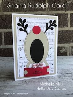 a card with a reindeer on it and the words singing rudolphh card written in red