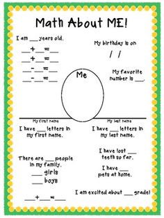 a printable worksheet for math about me with the words and numbers on it